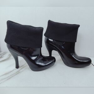 BCBGirls Black Patent Leather Platform Knit Cuff Heeled Booties Ankle Boots, 9.5